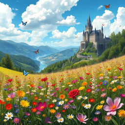 A whimsical fantasy landscape featuring a vibrant and colorful meadow filled with blooming flowers of all types and colors, under a bright blue sky with fluffy white clouds