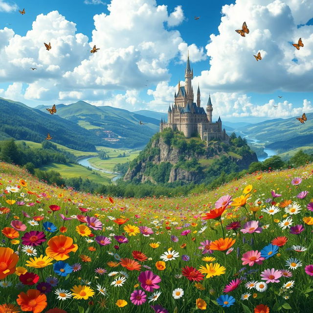 A whimsical fantasy landscape featuring a vibrant and colorful meadow filled with blooming flowers of all types and colors, under a bright blue sky with fluffy white clouds