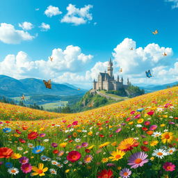 A whimsical fantasy landscape featuring a vibrant and colorful meadow filled with blooming flowers of all types and colors, under a bright blue sky with fluffy white clouds