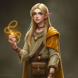 A tall young male half-elf with a slender build, long straight blonde hair flowing down to his waist