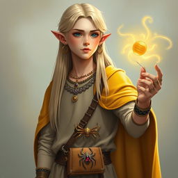 A tall young male half-elf with a slender build, long straight blonde hair flowing down to his waist