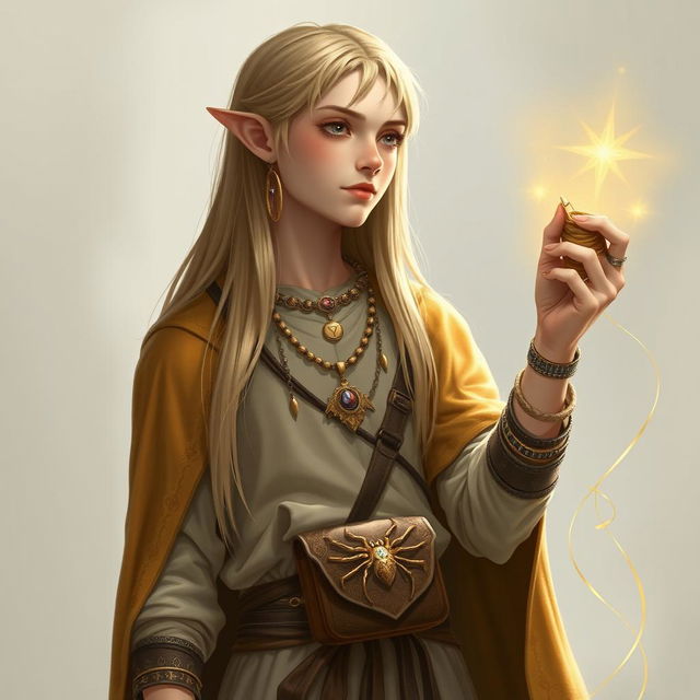 A tall young male half-elf with a slender build, long straight blonde hair flowing down to his waist