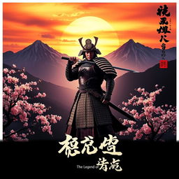 A dramatic and visually stunning movie poster featuring a legendary samurai in traditional armor, standing in a serene Japanese landscape