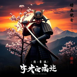 A dramatic and visually stunning movie poster featuring a legendary samurai in traditional armor, standing in a serene Japanese landscape