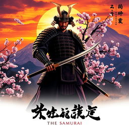 A dramatic and visually stunning movie poster featuring a legendary samurai in traditional armor, standing in a serene Japanese landscape