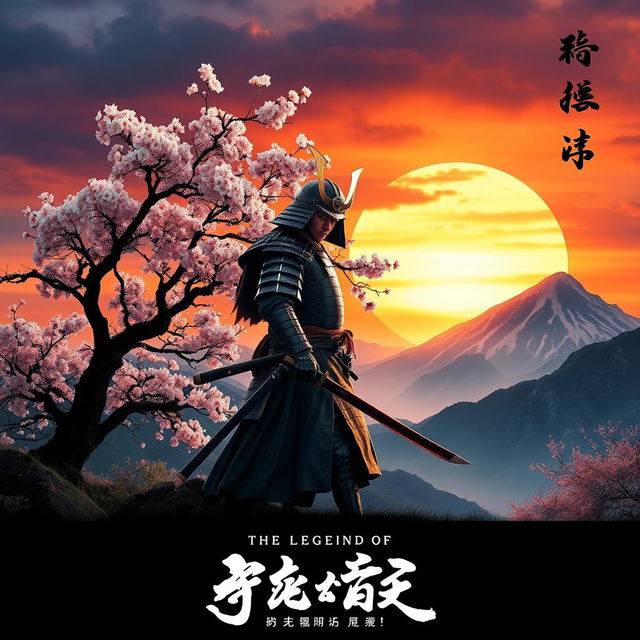 A dramatic and visually stunning movie poster featuring a legendary samurai in traditional armor, standing in a serene Japanese landscape