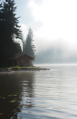 A serene lakeside scene featuring a cozy wooden cabin nestled right by the water's edge