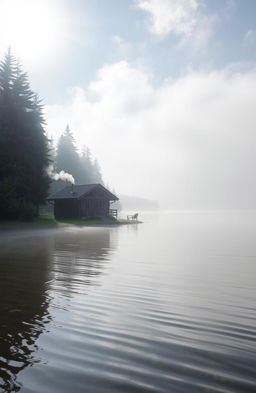 A serene lakeside scene featuring a cozy wooden cabin nestled right by the water's edge