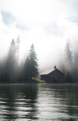 A serene lakeside scene featuring a cozy wooden cabin nestled right by the water's edge