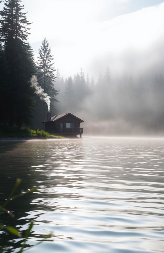 A serene lakeside scene featuring a cozy wooden cabin nestled right by the water's edge