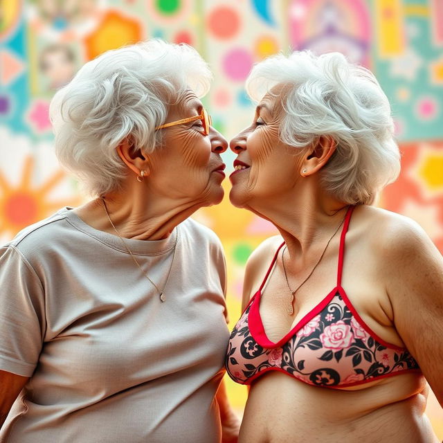 Two elderly women wearing red thongs passionately kissing each other, showcasing their vibrant personalities and joyful expressions, set against a bright and colorful backdrop that emphasizes their love and connection