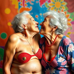 Two elderly women wearing red thongs passionately kissing each other, showcasing their vibrant personalities and joyful expressions, set against a bright and colorful backdrop that emphasizes their love and connection