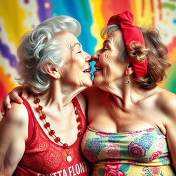 Two elderly women wearing red thongs passionately kissing each other, showcasing their vibrant personalities and joyful expressions, set against a bright and colorful backdrop that emphasizes their love and connection