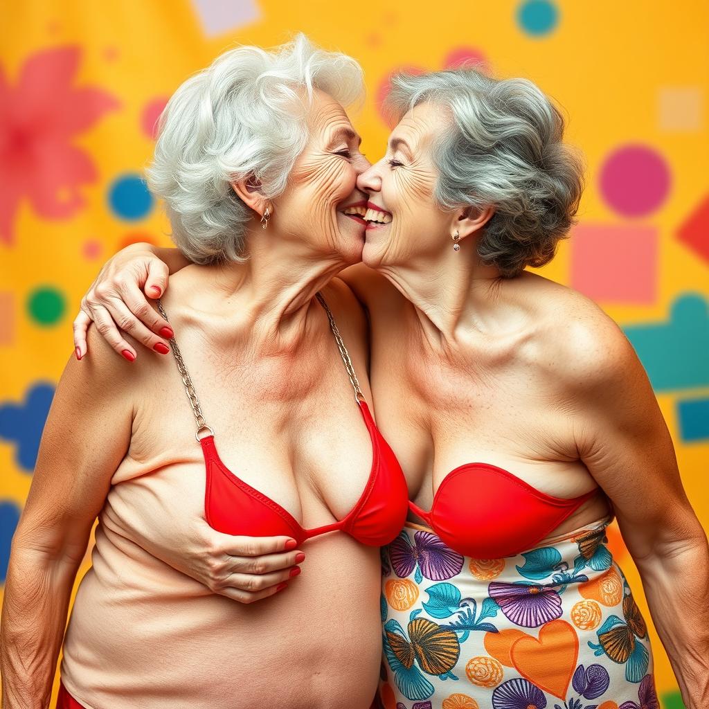 Two elderly women wearing red thongs passionately kissing each other, showcasing their vibrant personalities and joyful expressions, set against a bright and colorful backdrop that emphasizes their love and connection