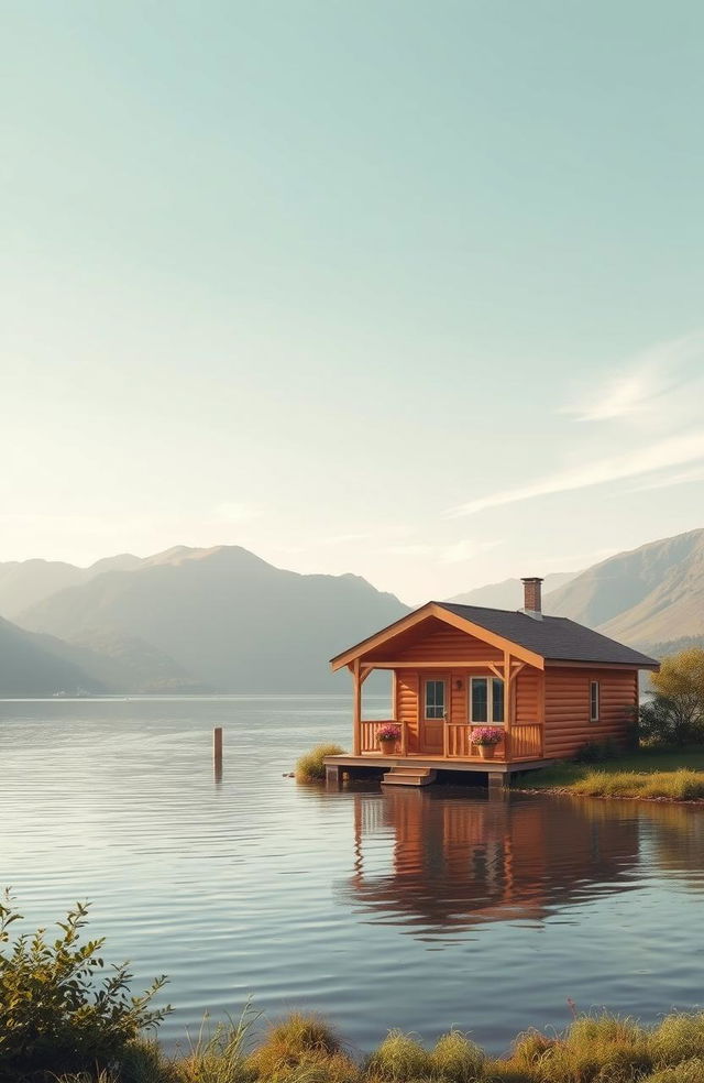A serene scene featuring a cozy cabin by a tranquil lake, surrounded by gentle hills