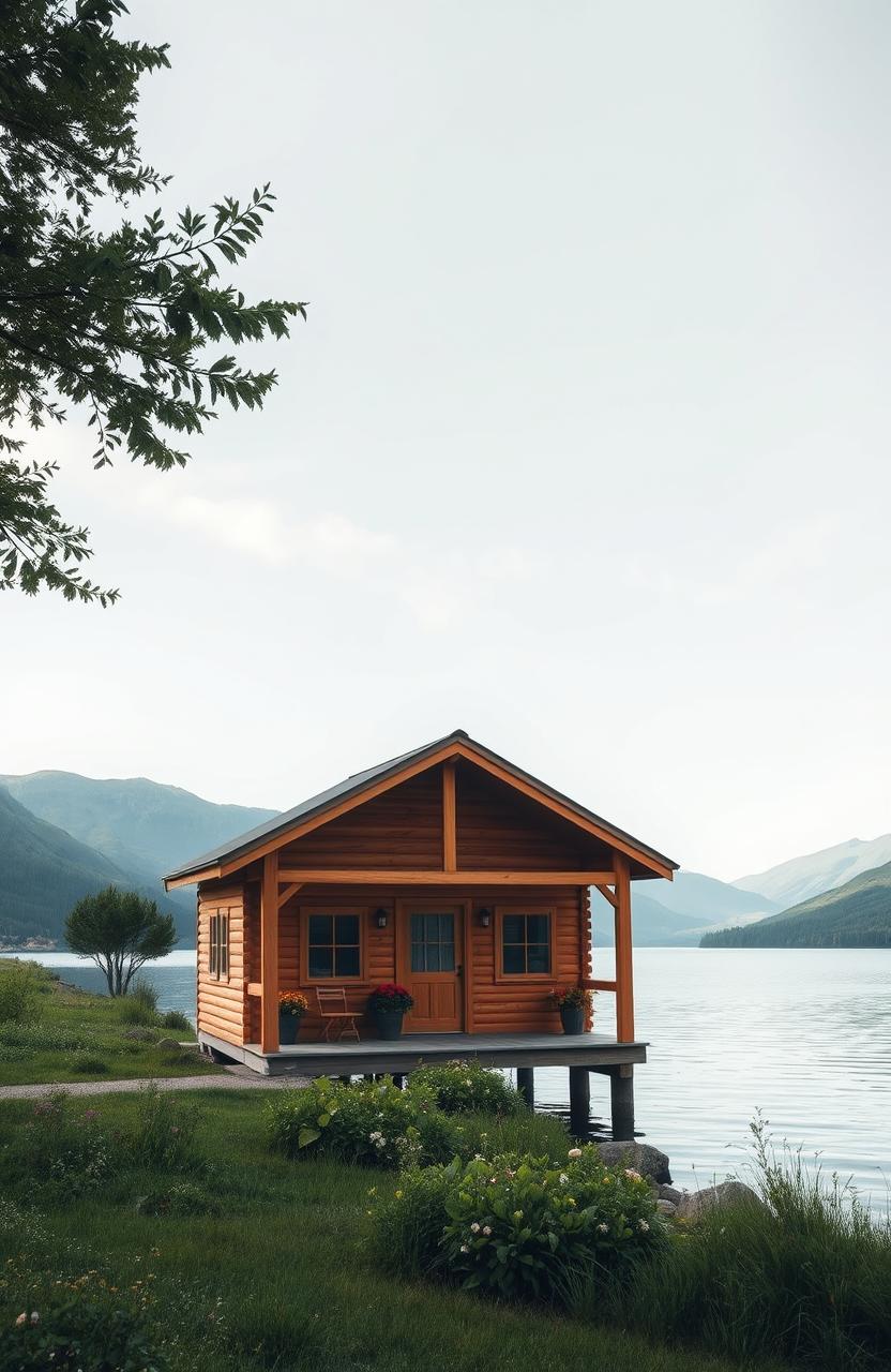 A serene scene featuring a cozy cabin by a tranquil lake, surrounded by gentle hills