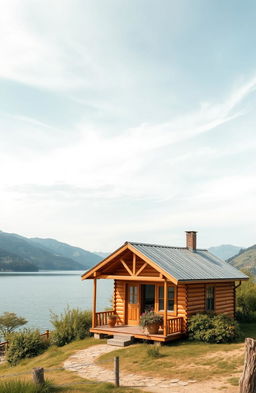 A serene scene featuring a cozy cabin by a tranquil lake, surrounded by gentle hills