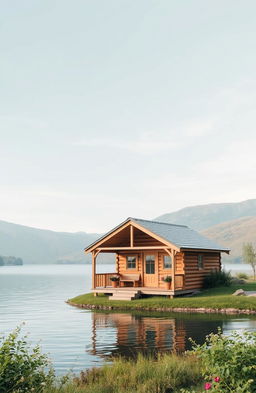 A serene scene featuring a cozy cabin by a tranquil lake, surrounded by gentle hills