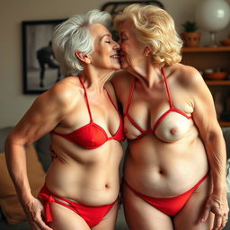 Full-body, sexy grandmothers without dentures, wearing red thongs, passionately kissing each other