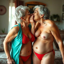 Full-body, sexy grandmothers without dentures, wearing red thongs, passionately kissing each other
