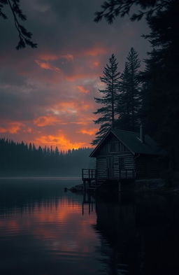A gloomy wooden cabin situated on the edge of tranquil waters, surrounded by dense, shadowy forest