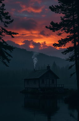 A gloomy wooden cabin situated on the edge of tranquil waters, surrounded by dense, shadowy forest