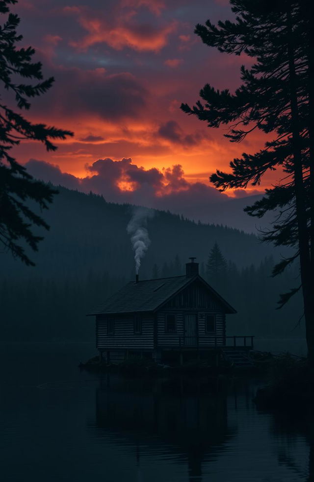 A gloomy wooden cabin situated on the edge of tranquil waters, surrounded by dense, shadowy forest