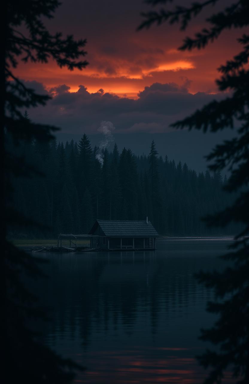 A gloomy wooden cabin situated on the edge of tranquil waters, surrounded by dense, shadowy forest