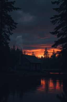 A gloomy wooden cabin situated on the edge of tranquil waters, surrounded by dense, shadowy forest