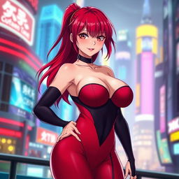 A sexy anime girl with vibrant red hair, strikingly large breasts, wearing a form-fitting black bodysuit that accentuates her curves