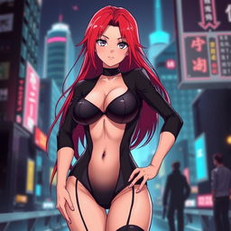 A sexy anime girl with vibrant red hair, strikingly large breasts, wearing a form-fitting black bodysuit that accentuates her curves