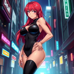 A sexy anime girl with vibrant red hair, strikingly large breasts, wearing a form-fitting black bodysuit that accentuates her curves