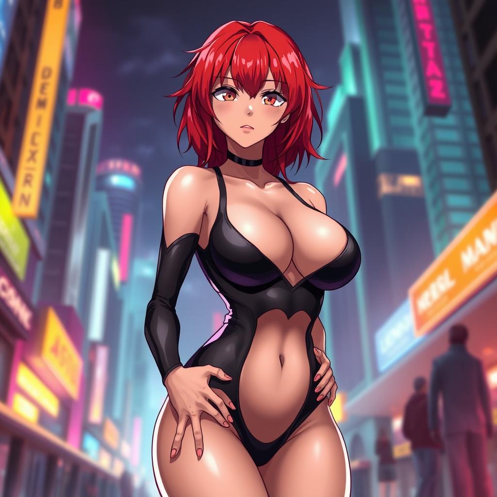 A sexy anime girl with vibrant red hair, strikingly large breasts, wearing a form-fitting black bodysuit that accentuates her curves