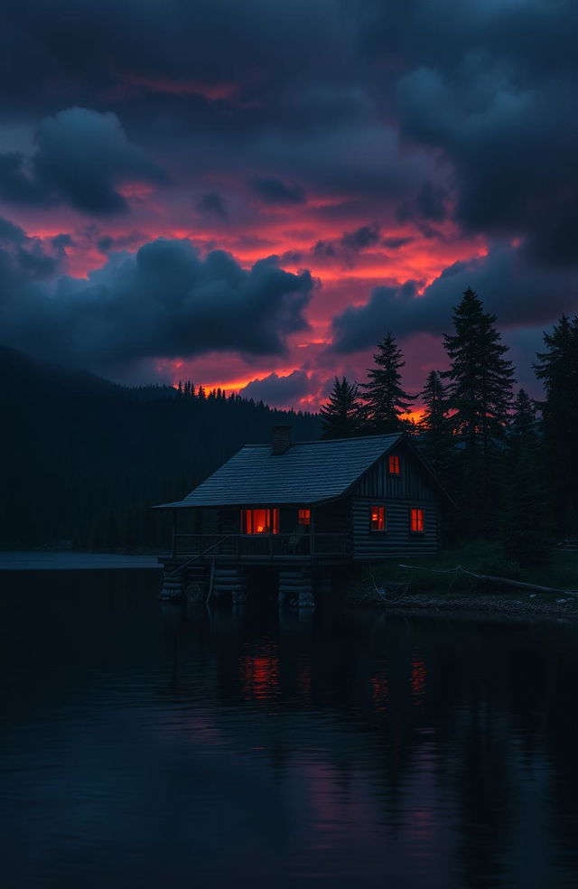 A gloomy cabin perched on the edge of a tranquil lake, surrounded by dark, looming trees