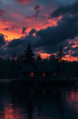 A gloomy cabin perched on the edge of a tranquil lake, surrounded by dark, looming trees