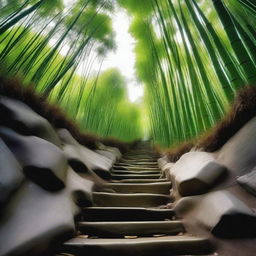 A high-quality, realistic photograph taken from a first-person perspective, showing a white stone stepped path descending down a mountain trail