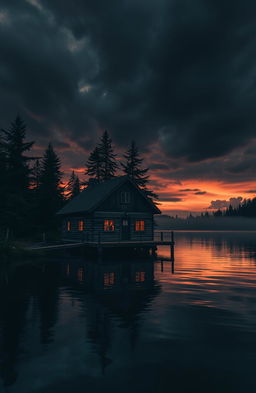 A gloomy cabin perched on the edge of a tranquil lake, surrounded by dark, looming trees