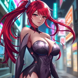 A captivating, sexy anime girl with vibrant, flowing red hair, showcasing large, voluptuous breasts, wearing a sleek and form-fitting bodysuit