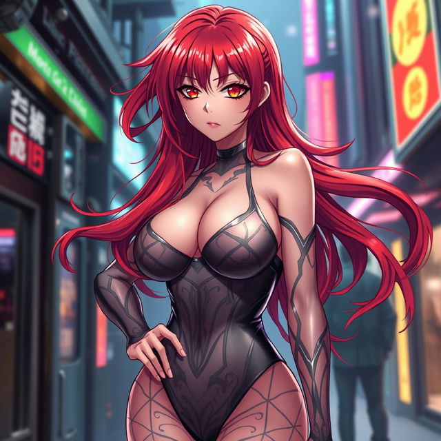 A captivating, sexy anime girl with vibrant, flowing red hair, showcasing large, voluptuous breasts, wearing a sleek and form-fitting bodysuit
