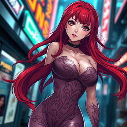 A captivating, sexy anime girl with vibrant, flowing red hair, showcasing large, voluptuous breasts, wearing a sleek and form-fitting bodysuit