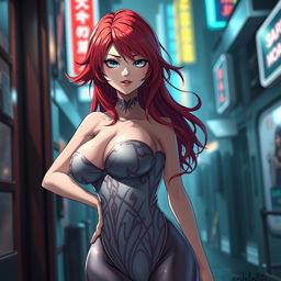 A captivating, sexy anime girl with vibrant, flowing red hair, showcasing large, voluptuous breasts, wearing a sleek and form-fitting bodysuit