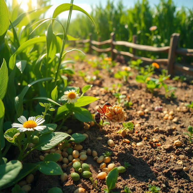 A busy ant working diligently in a lush green farm