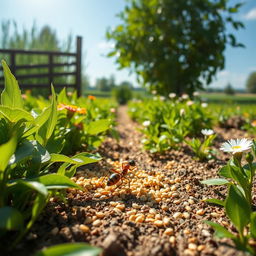 A busy ant working diligently in a lush green farm