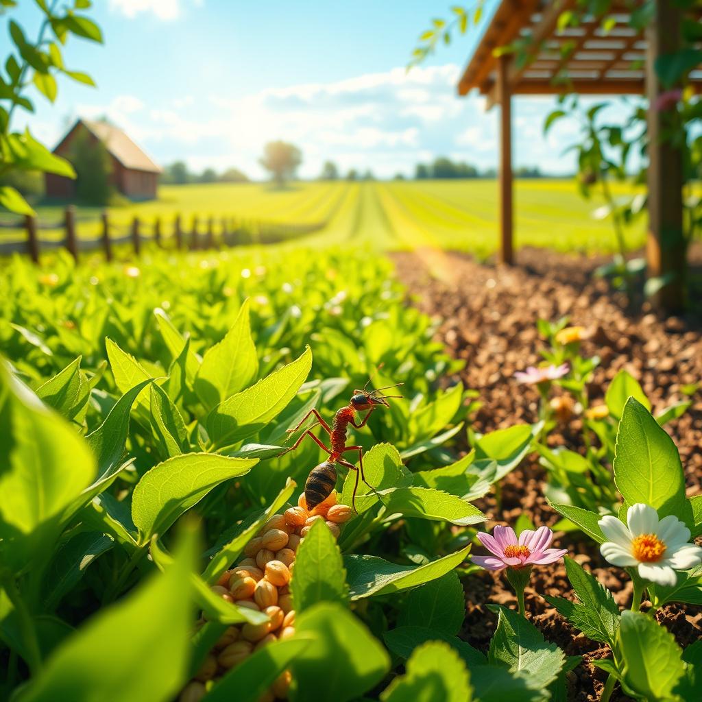 A busy ant working diligently in a lush green farm