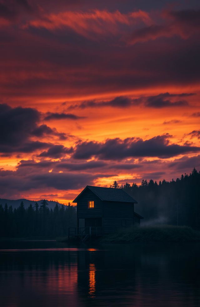 A gloomy cabin perched on the edge of tranquil water, surrounded by dense, dark forests