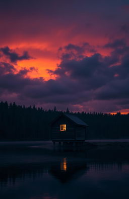 A gloomy cabin perched on the edge of tranquil water, surrounded by dense, dark forests