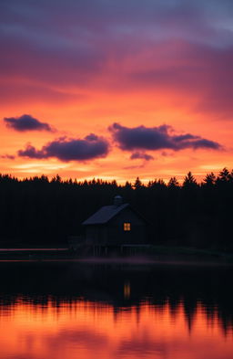 A gloomy cabin perched on the edge of tranquil water, surrounded by dense, dark forests