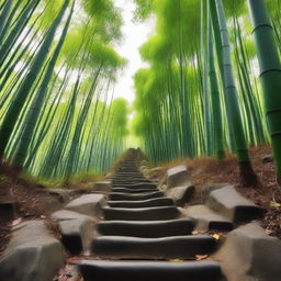 A high-quality, realistic photograph taken from a first-person perspective, showing a white stone stepped path descending down a mountain trail