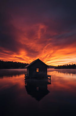 A gloomy cabin perched on the edge of tranquil water, surrounded by dense, dark forests