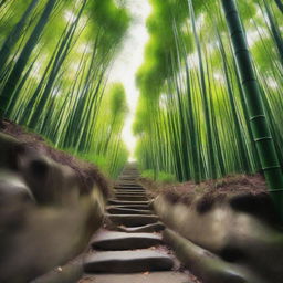 A high-quality, realistic photograph taken from a first-person perspective, showing a white stone stepped path descending down a mountain trail